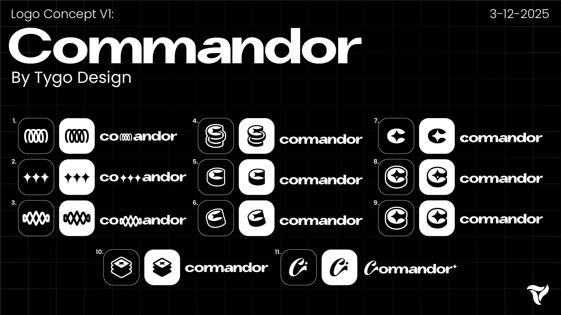 Commandor eerste logo concept met C-symbool en variaties