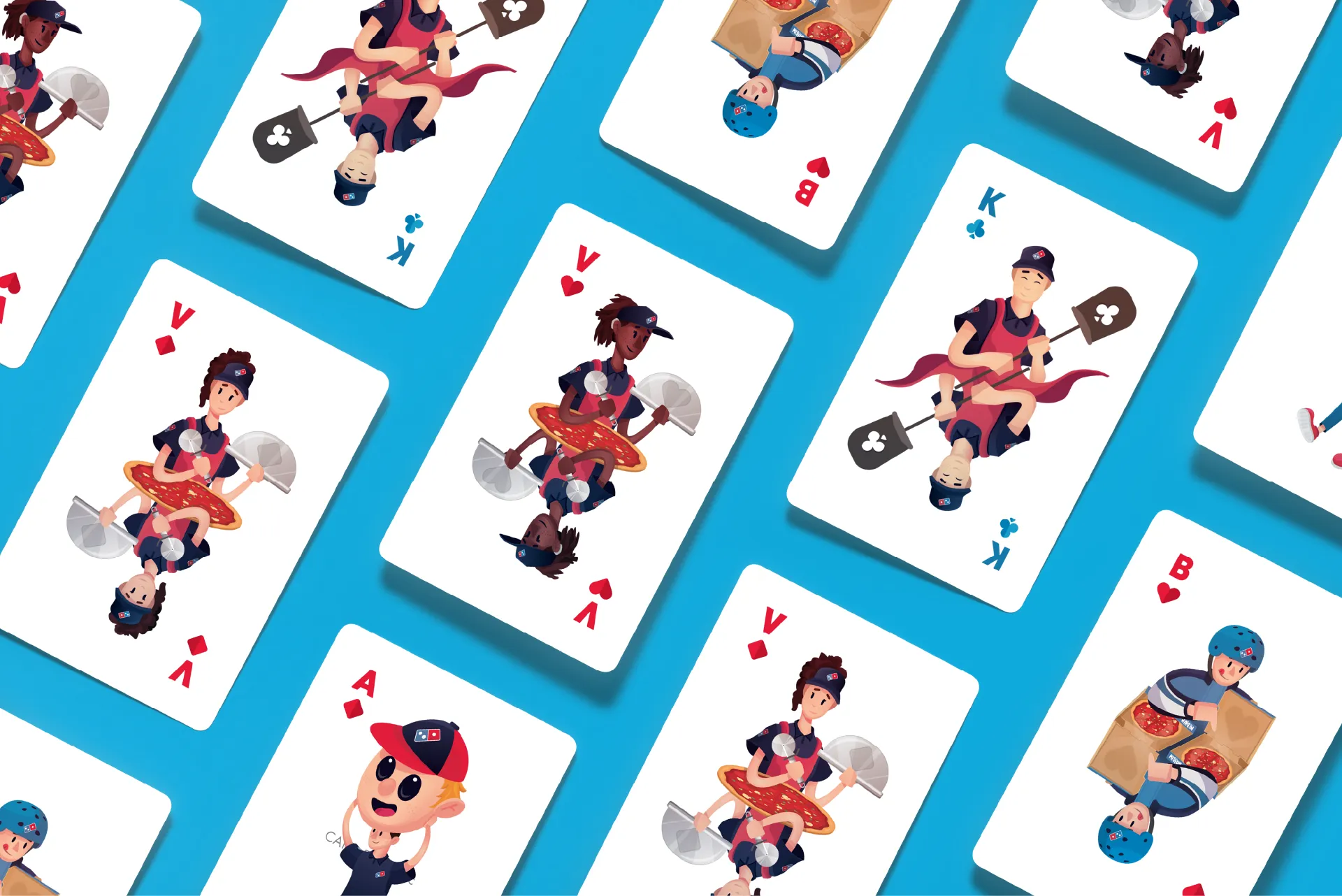 Domino's Pizza coverbeeld met custom speelkaarten voor het kerstpakket