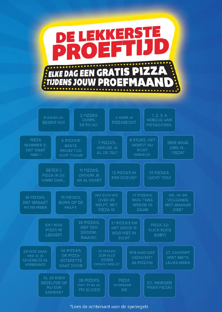 Domino's campagne overzicht met postertekst en actieblokken