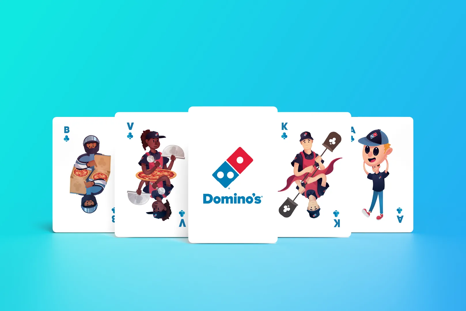 Domino's kwartetspel met illustraties en logo op blauwe achtergrond