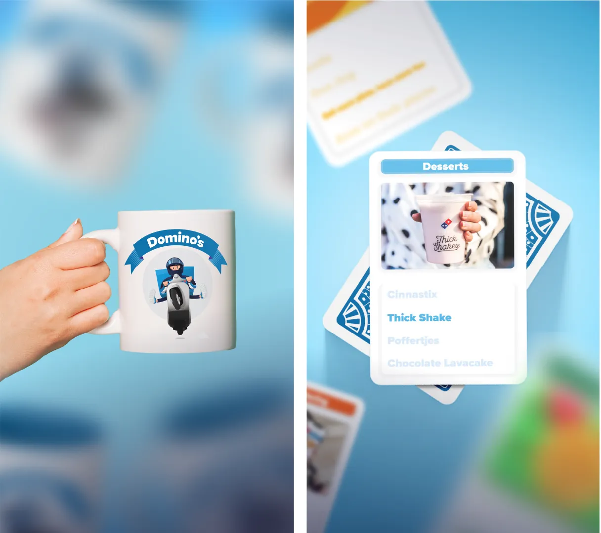 Domino's mockup met mok en kwartetspel uit het kerstpakket