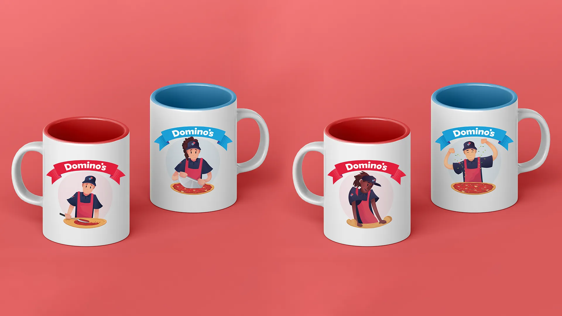 Domino's mokken met drie verschillende illustraties