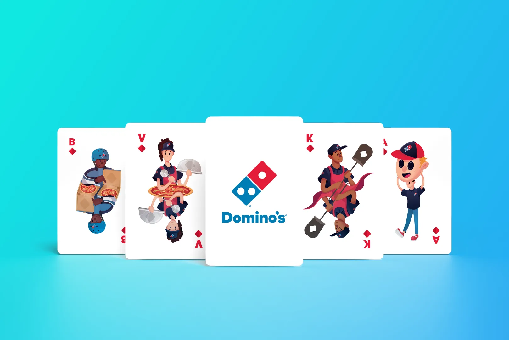Domino's mokken met kerstillustraties op rode achtergrond