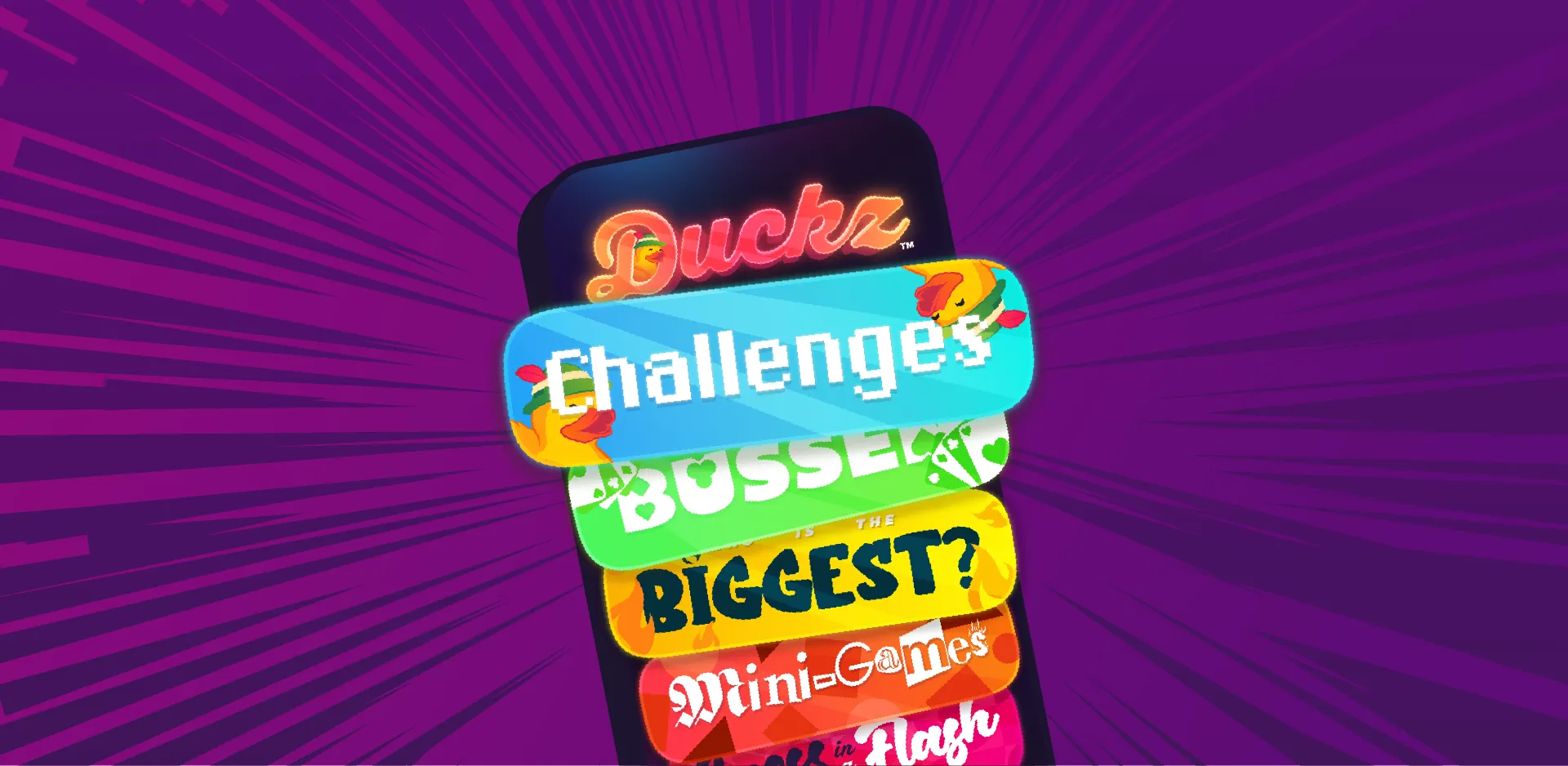 Duckz coverbeeld met partygame scherm en kleurrijke app branding