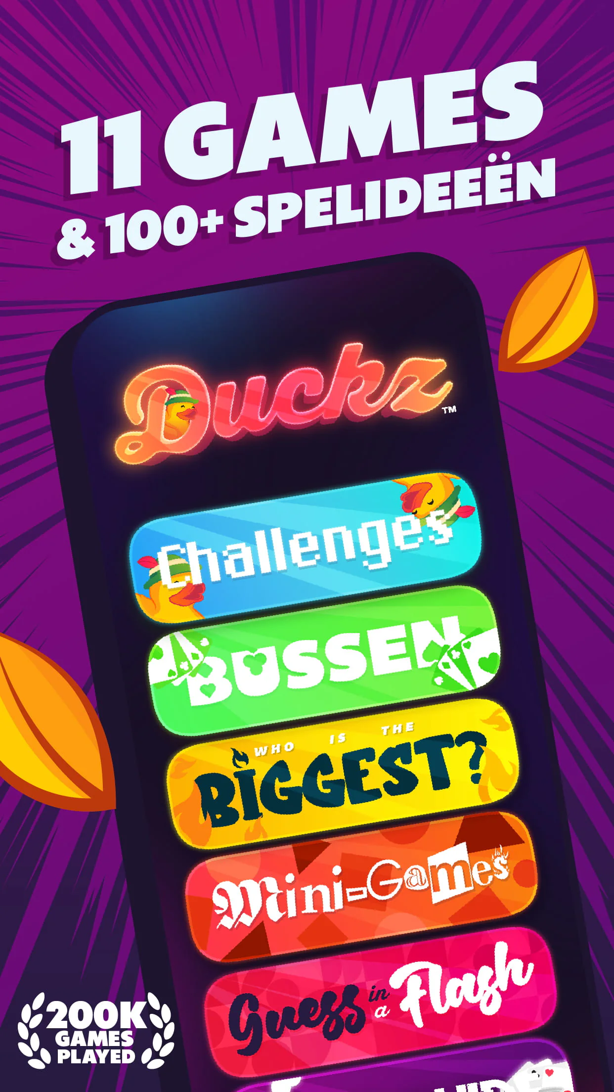 Duckz app store visual met 11 partygames en 100 plus speelideeën