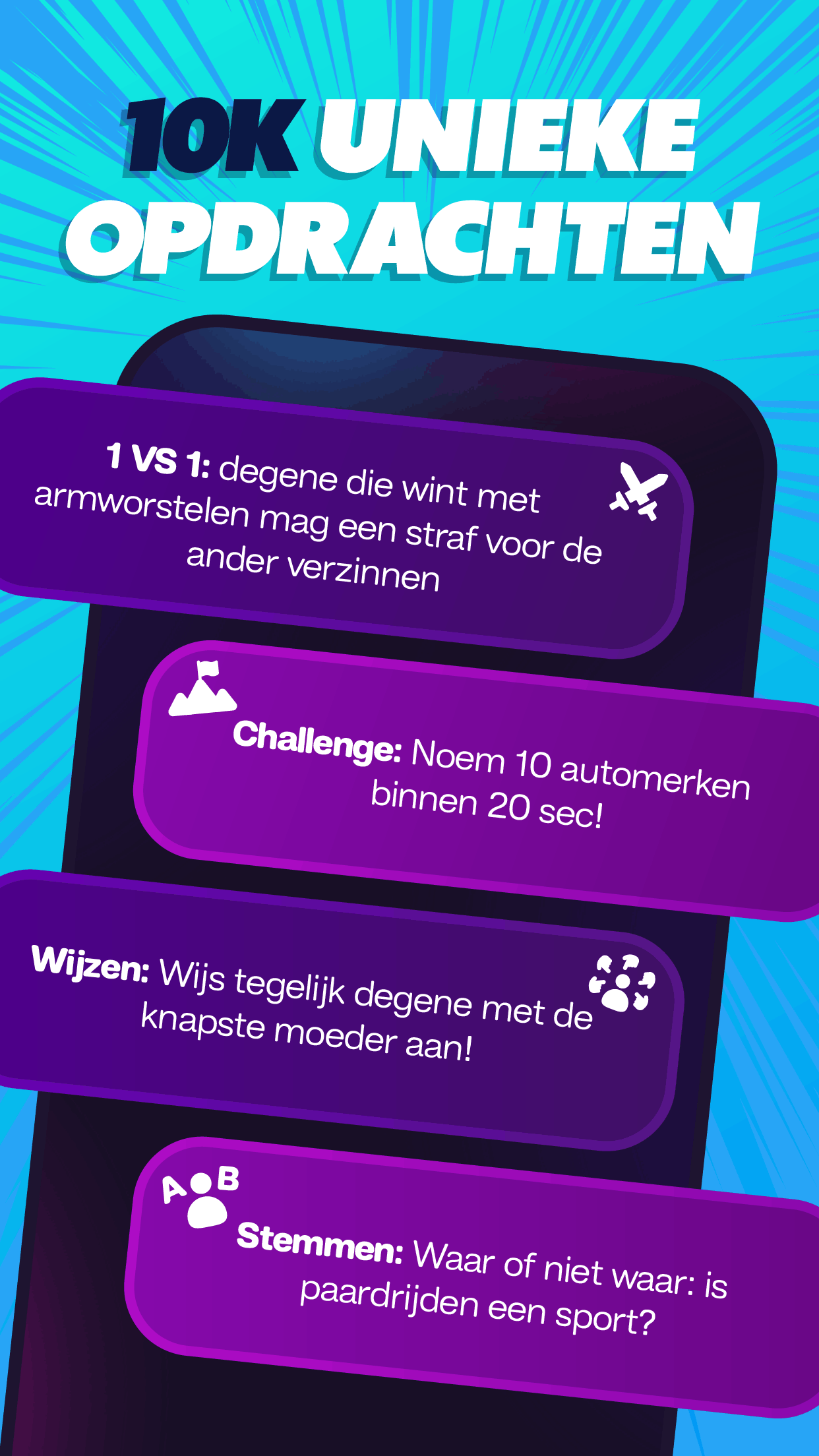 Duckz opdrachtenscherm met challenge kaarten in de app
