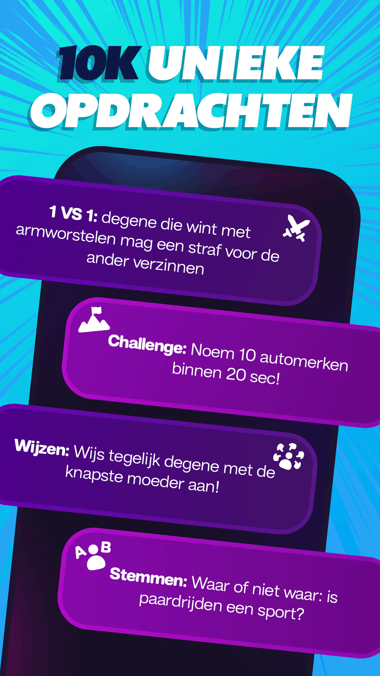 Duckz opdrachtenscherm met challenge kaarten in de app