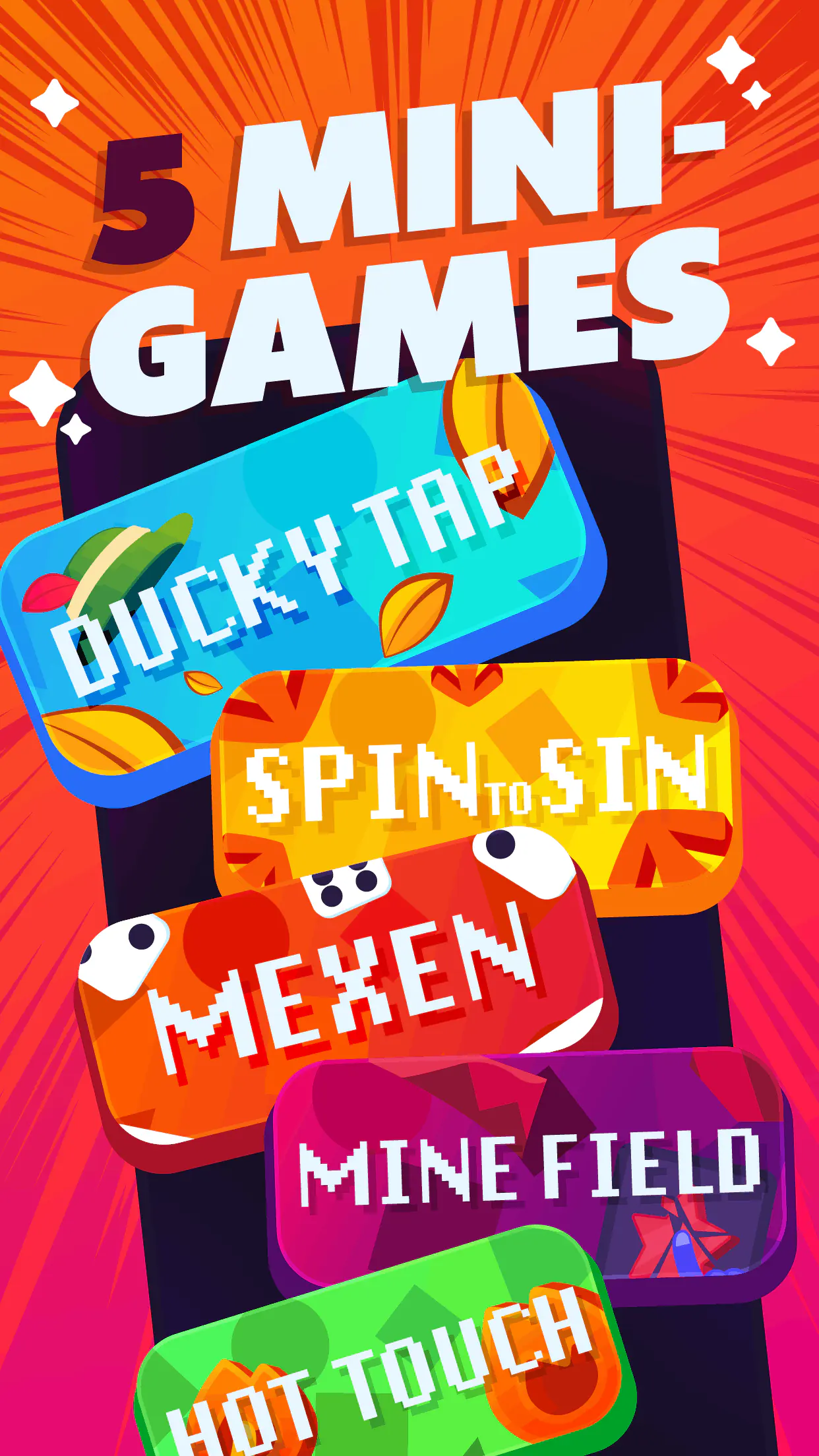 Duckz overzicht van vijf minigames zoals Lucky Tap en Mine Field