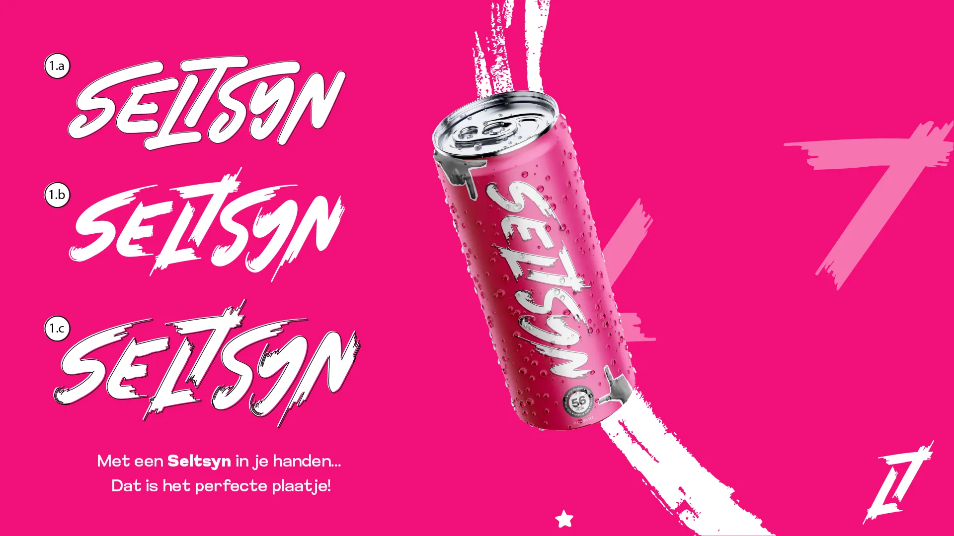 Seltsyn typografische logorichting naast roze blikje