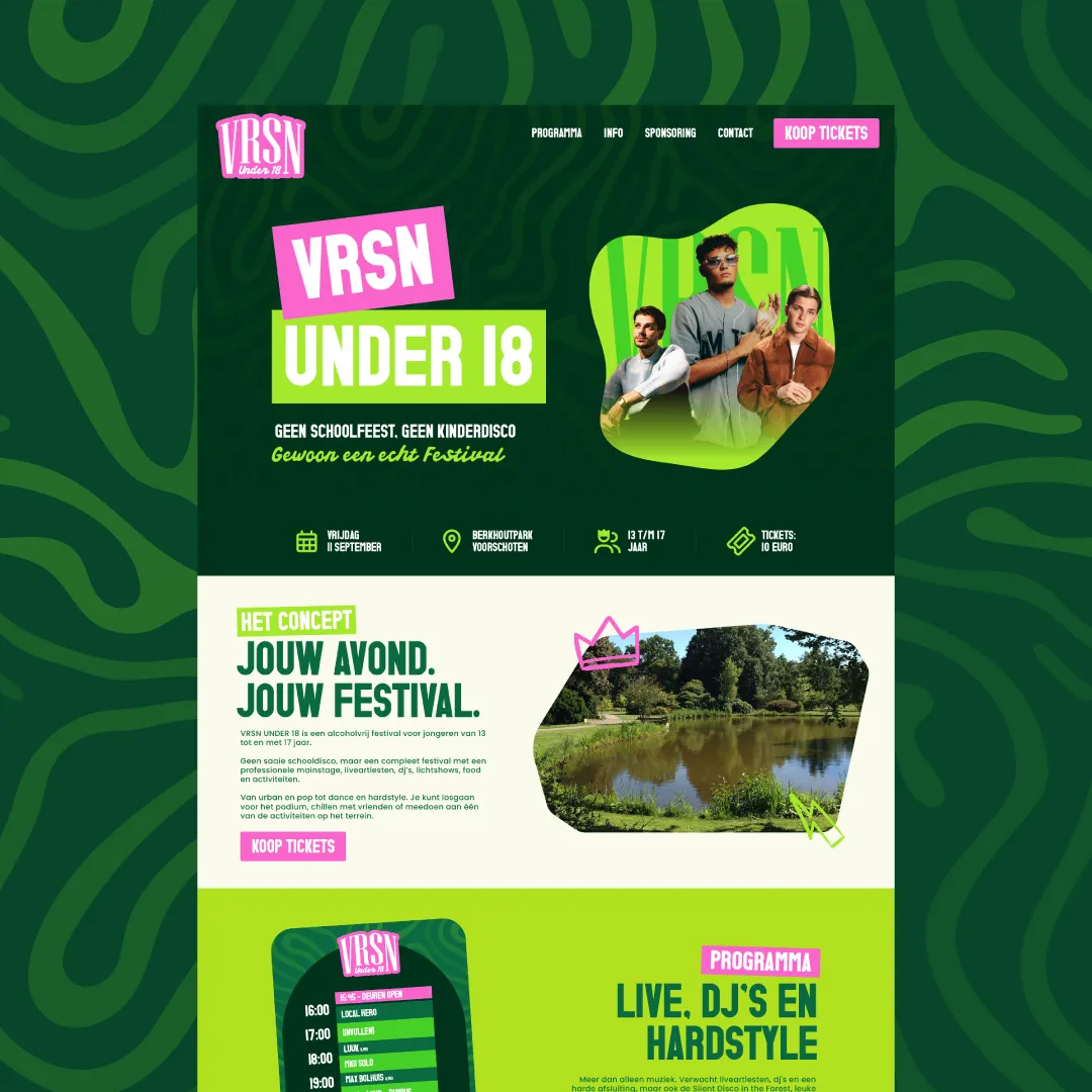 Definitief websiteontwerp voor VRSN Under 18 in groen en roze