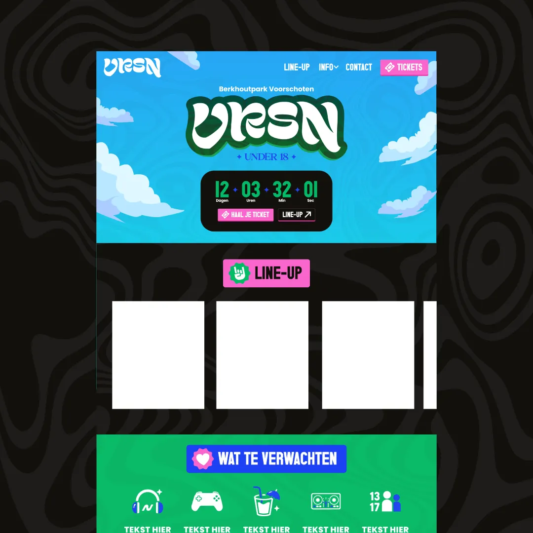 Eerste websiteconcept voor VRSN Under 18 met ticketknop en line-up