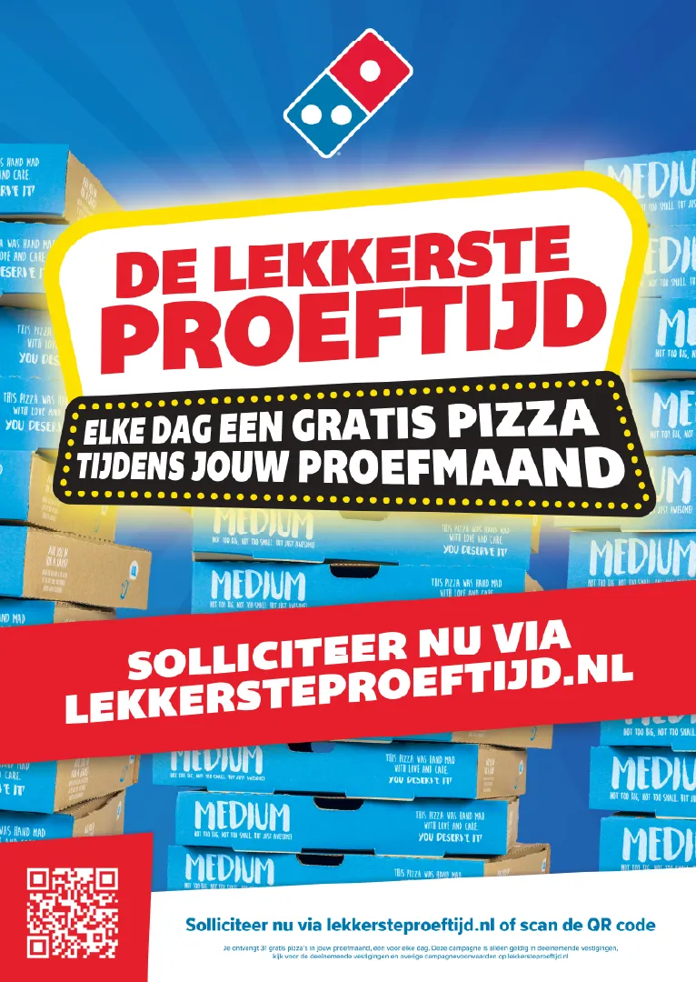 Posterontwerp voor Domino’s campagne “De lekkerste proeftijd”, ingezet in winkel en bezorging