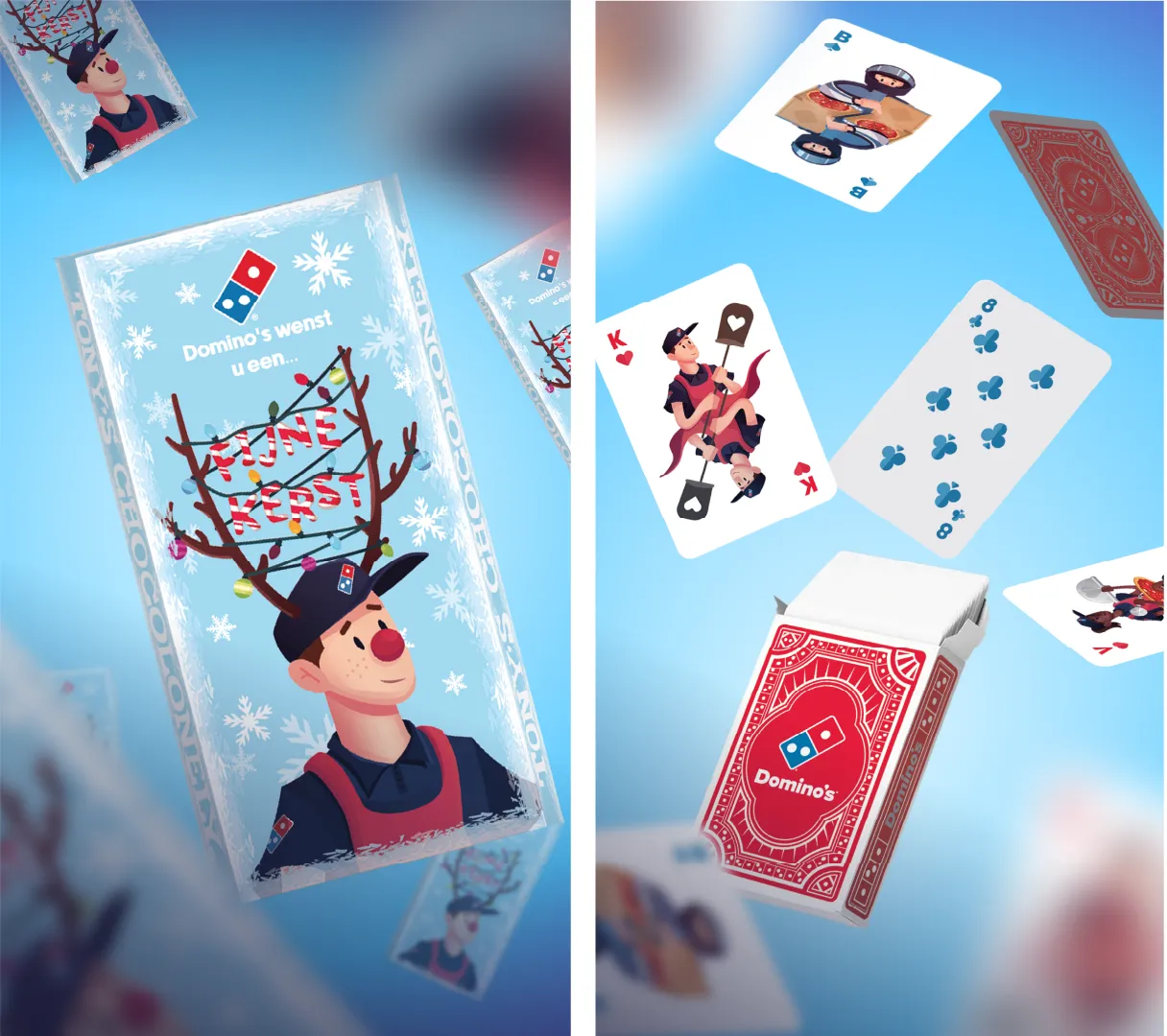 Verpakkingsontwerp van custom Domino’s spel, gepresenteerd als kerstpakket