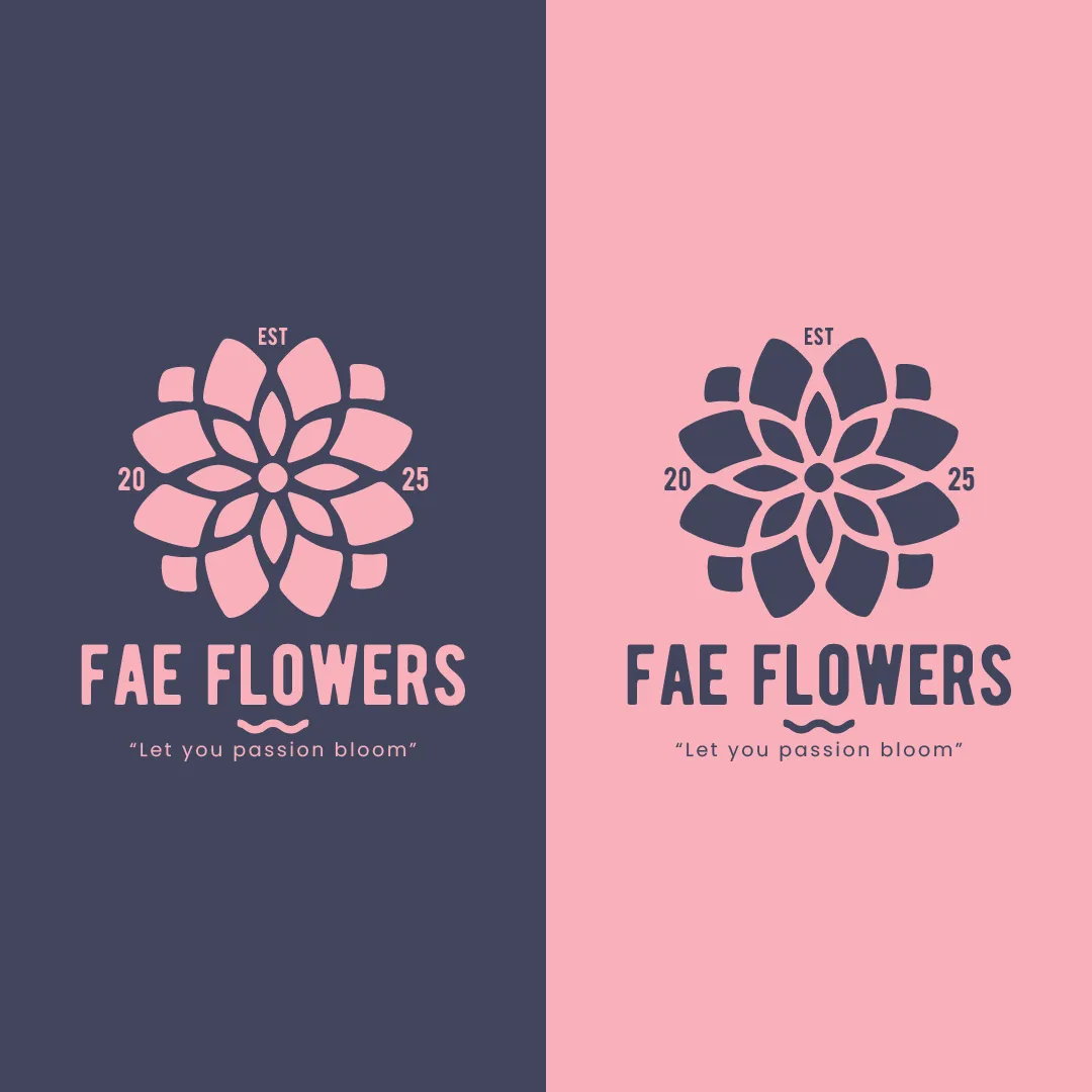 FAE logo-concept met bloemillustratie en aangepaste kleurstelling van de typografie